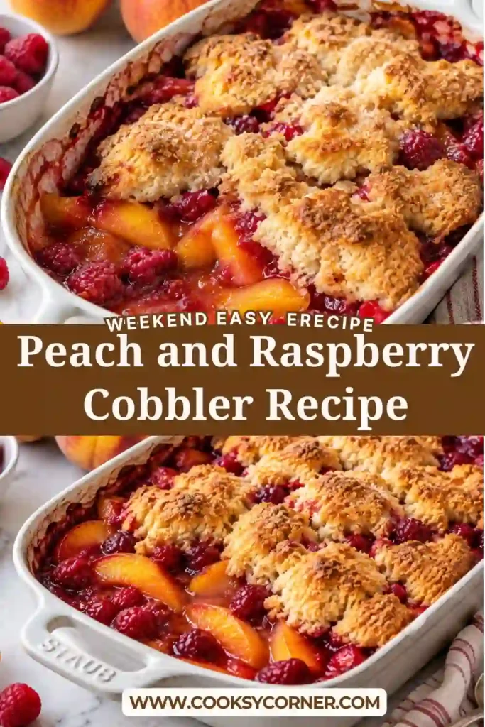 Fresh peach raspberry cobbler baked until golden with bubbling peach and raspberry filling around the edges. The cobbler topping is finished with sliced almonds and fresh lemon zest.
