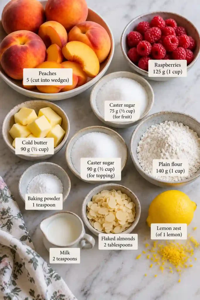 Warm Easy Peach and Raspberry Cobbler featuring juicy peaches, tart raspberries, and buttery cobbler topping. Golden almonds decorate the top of this simple baked dessert.
