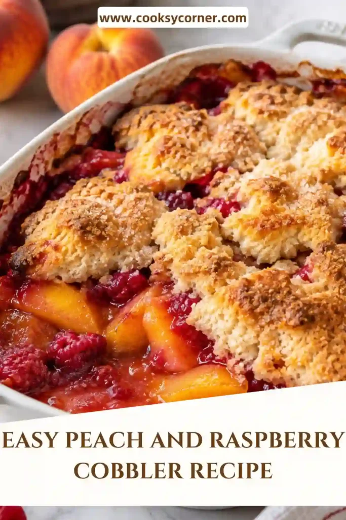 Easy Peach and Raspberry Cobbler with juicy fresh peaches and raspberries beneath a golden buttery topping. Flaked almonds add a crisp finish to this warm summer fruit dessert.
