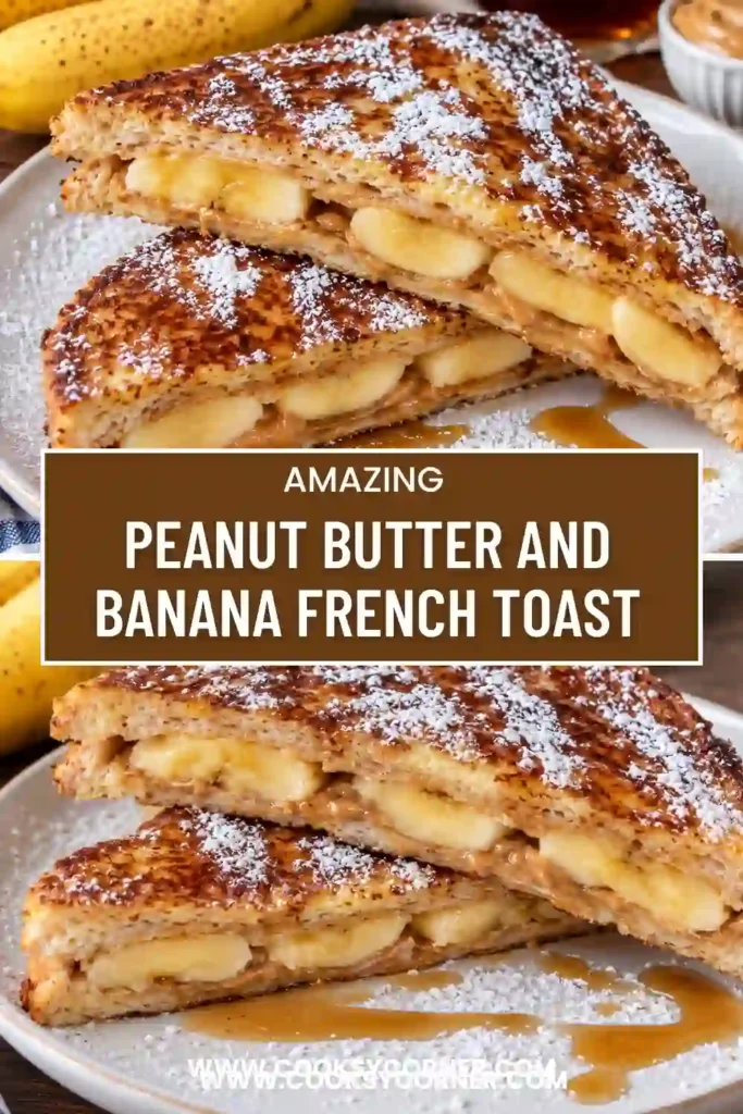 Close-up of banana stuffed French toast showing sliced bananas and creamy peanut butter between golden slices of bread. The warm breakfast sandwich has a lightly browned exterior and a soft, sweet filling.