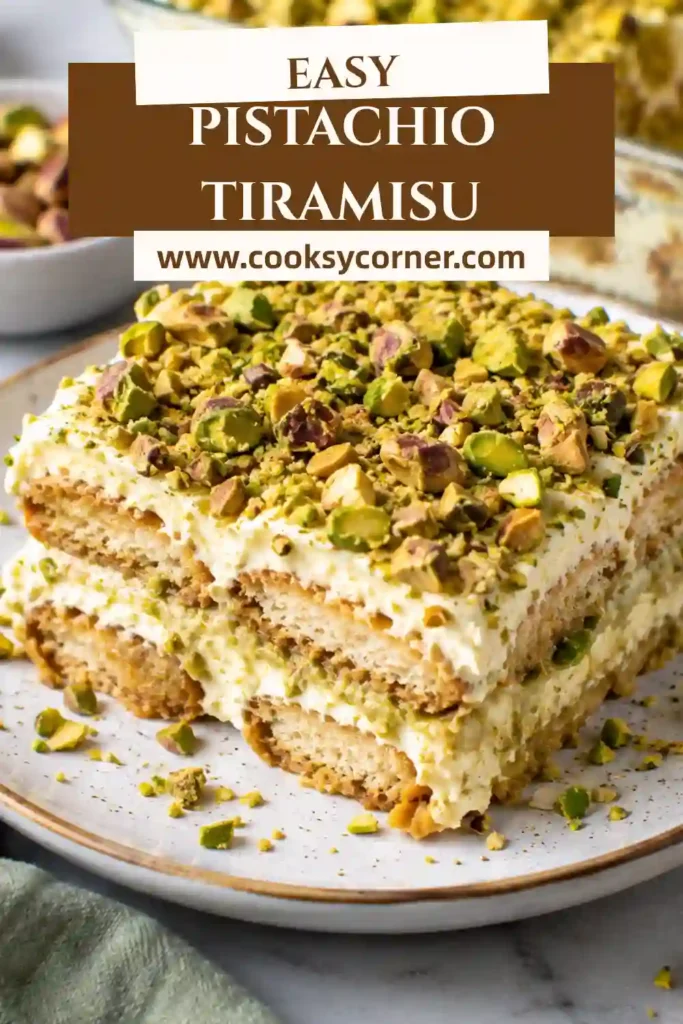 Easy pistachio tiramisu with soft coffee-soaked ladyfingers and fluffy mascarpone pistachio filling. A generous layer of chopped pistachios adds color and crunch.
