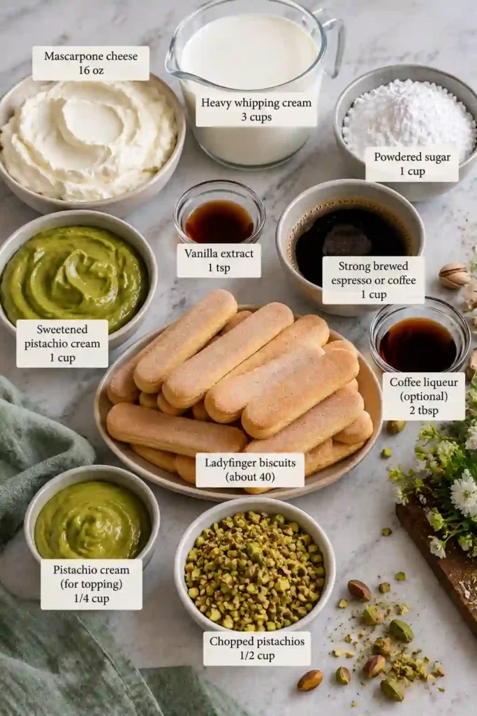 No-bake Pistachio Tiramisu served chilled with creamy mascarpone layers, espresso-soaked ladyfingers, and sweet pistachio cream. Chopped pistachios create an elegant finishing touch.