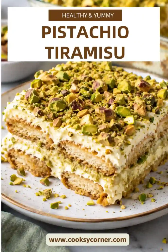 Pistachio Tiramisu layered with coffee-soaked ladyfingers and creamy pistachio mascarpone filling. The chilled dessert is topped with pistachio cream and crunchy chopped pistachios.