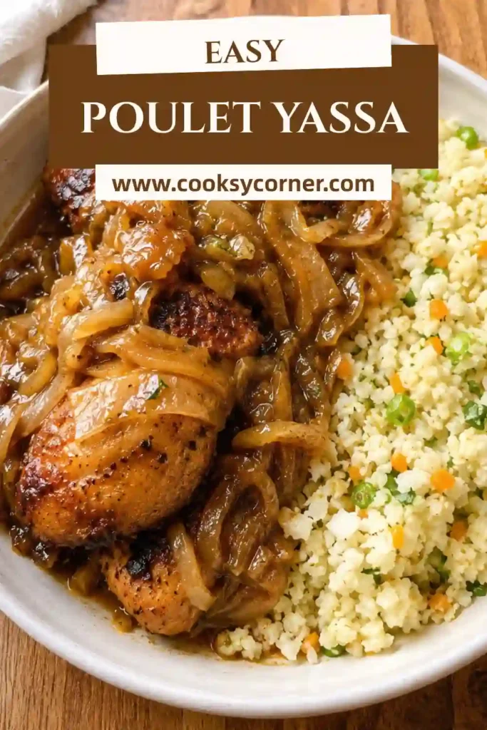 Authentic Senegalese chicken recipe made with browned chicken thighs simmered in caramelized onions, garlic, mustard, lemon juice, and spices. Steamed rice accompanies the richly flavored Poulet Yassa.