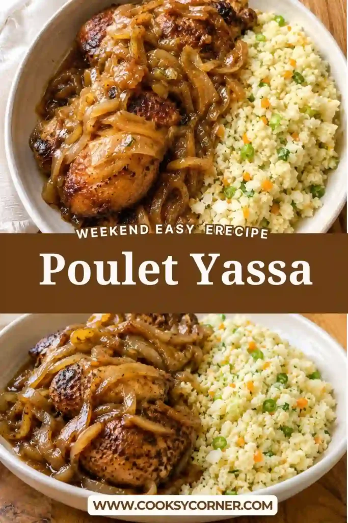 Senegalese Yassa chicken with tender golden chicken thighs, silky onions, lemon, Dijon mustard, and savory spices. The tangy onion sauce surrounds the chicken in a rustic serving dish.