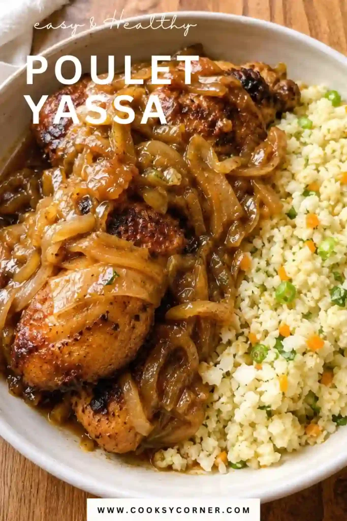 Poulet Yassa Recipe featuring browned chicken thighs covered with caramelized onions and a rich lemon mustard sauce. The authentic Senegalese chicken is served warm with fluffy white rice.