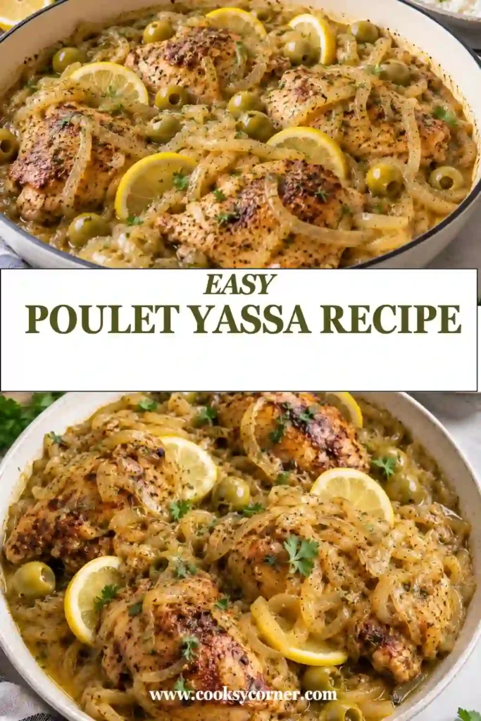 Homemade Poulet Yassa Recipe served with rice and a generous spoonful of caramelized onion sauce. The tender West African chicken is flavored with lemon, Dijon mustard, garlic, and spices.