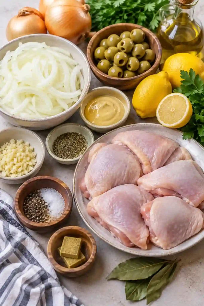 Poulet Yassa Recipe featuring golden chicken thighs covered with tender caramelized onions and tangy lemon-mustard sauce. The Senegalese chicken is served warm with fluffy white rice.
