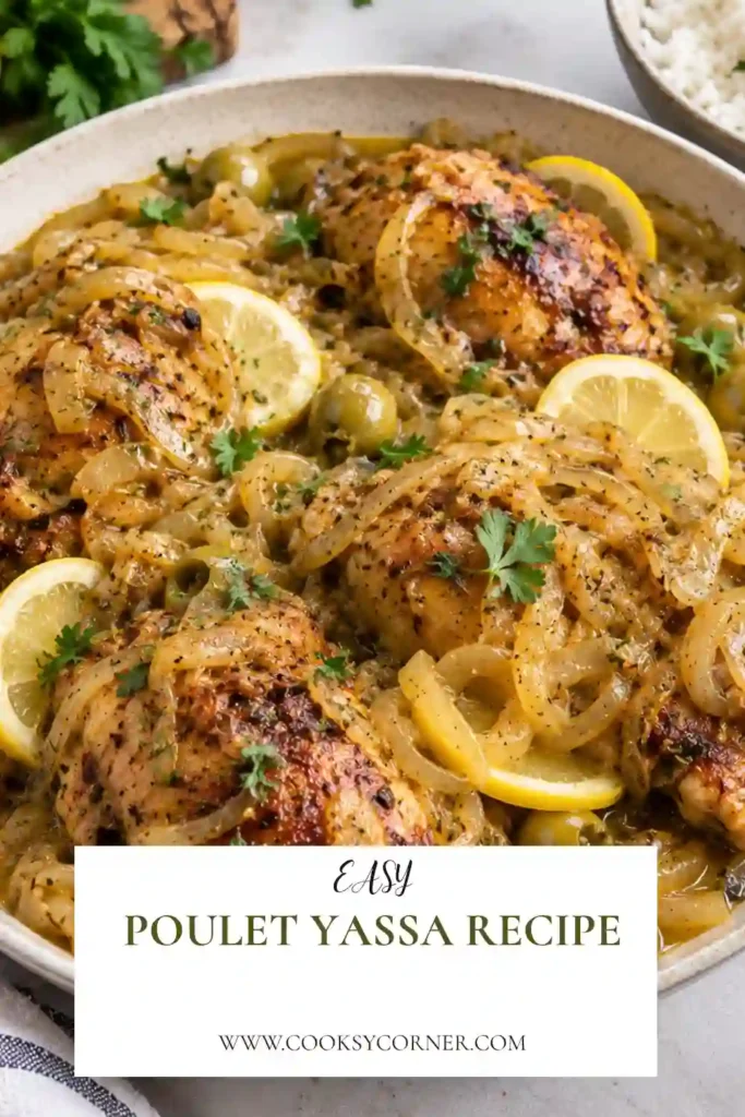Senegalese chicken yassa with juicy chicken thighs simmered in a savory lemon-mustard and caramelized onion sauce. A comforting West African chicken recipe served with steamed rice.