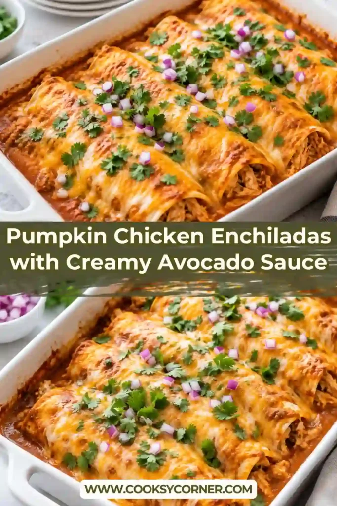 Chicken enchiladas with pumpkin sauce baked until bubbly and golden. Tender tortillas surround a savory chicken and corn filling beneath melted cheese and fresh cilantro.