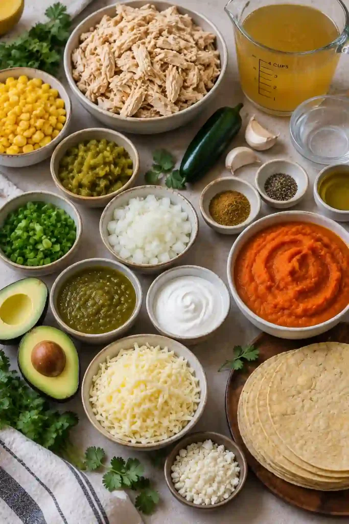 Pumpkin Chicken Enchiladas served with avocado salsa verde cream and fresh garnishes. The savory pumpkin enchilada sauce has warm cumin, garlic, and mild jalapeño flavors.
