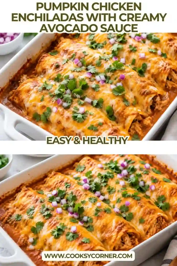 Creamy pumpkin enchiladas filled with shredded chicken, corn, and mild green chiles. Melted cheese, cilantro, and avocado cream finish this cozy Mexican-inspired dinner