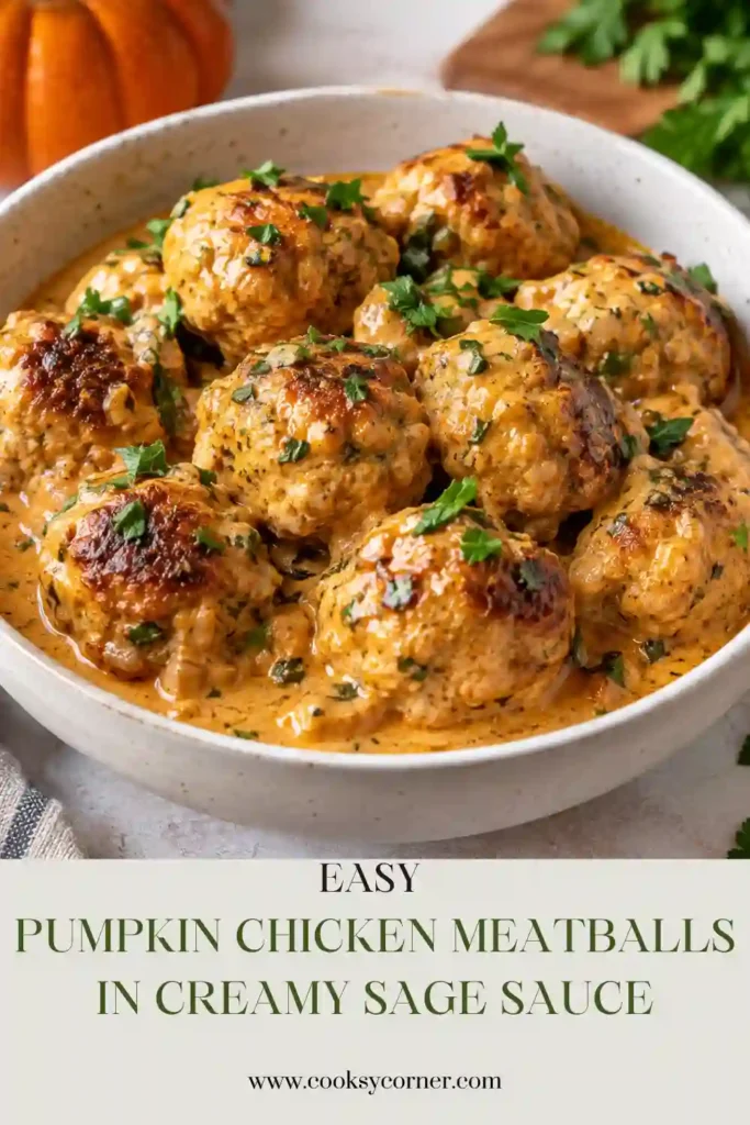 Creamy sage chicken meatballs served in a shallow bowl with fresh sage and cracked black pepper. Pumpkin purée keeps the chicken meatballs tender while adding warm seasonal flavor.
