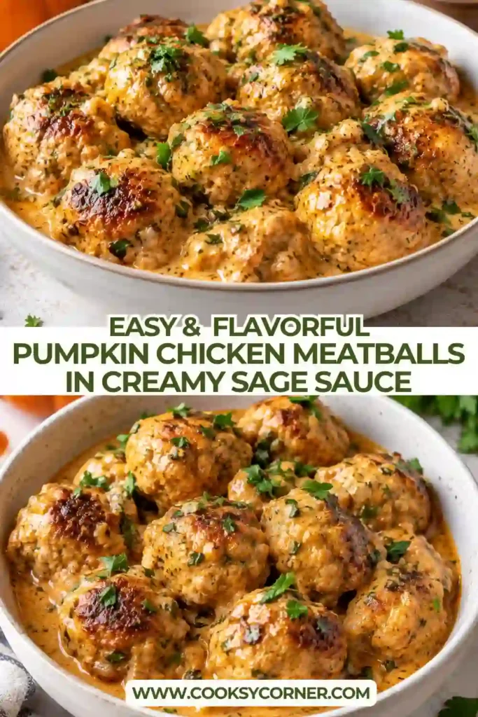 Savory pumpkin meatballs coated in a silky garlic and sage cream sauce. These golden chicken meatballs combine ground chicken, pumpkin, fresh sage, and a rich creamy finish.