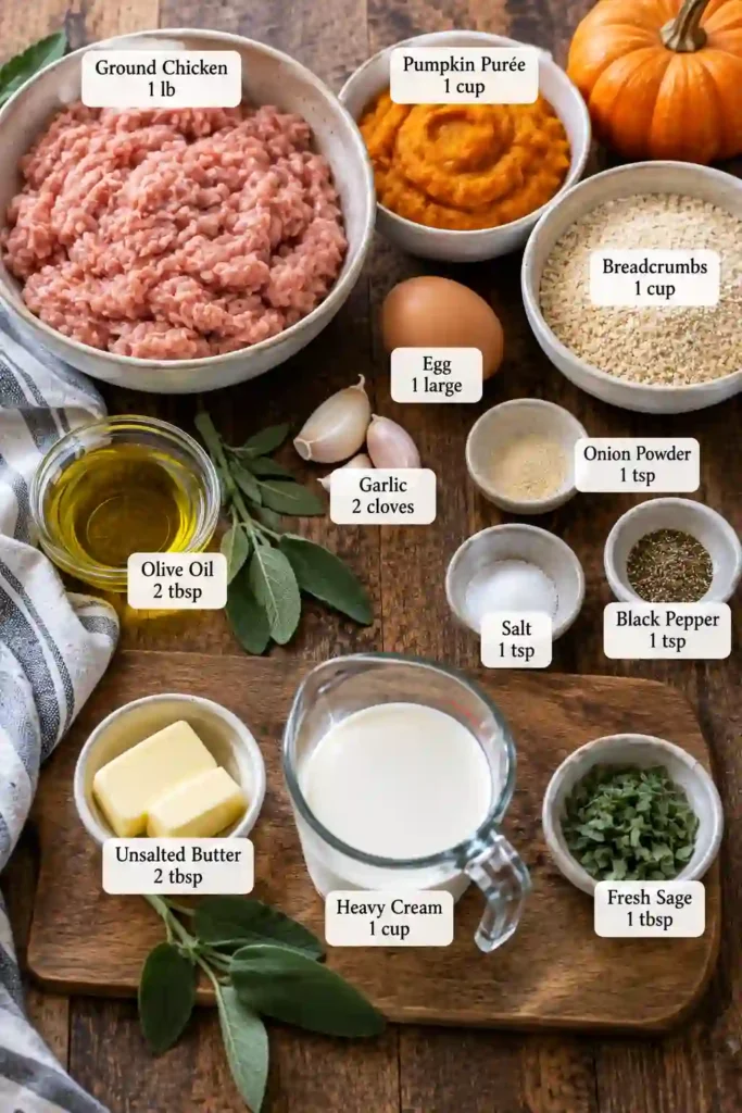 Golden Pumpkin Chicken Meatballs covered with creamy sage sauce and garnished with fresh herbs. The savory meatballs have a tender center and rich garlic butter cream sauce.