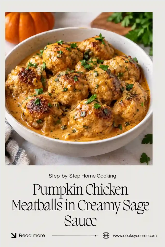Pumpkin Chicken Meatballs served in a rich creamy sage sauce with fresh sage leaves and black pepper. The tender chicken meatballs are made with savory pumpkin purée and garlic.