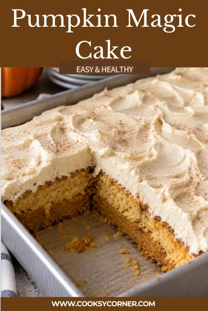 Close-up of Pumpkin Magic Cake showing the contrast between tender vanilla cake, silky pumpkin custard, and creamy spiced frosting. The homemade pumpkin dessert has distinct golden and orange layers. Copy Alt Text