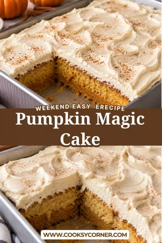 Pumpkin Magic Cake in a rectangular baking pan with a thick layer of fluffy vanilla frosting and a light dusting of pumpkin pie spice. The creamy topping covers a homemade layered pumpkin dessert.
