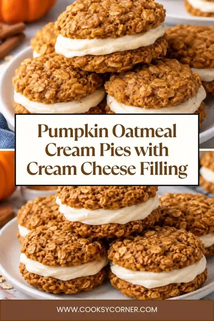 Pumpkin sandwich cookies made with rolled oats, pumpkin puree, cinnamon, and pumpkin pie spice. A generous layer of creamy cream cheese filling sits between two soft cookies.