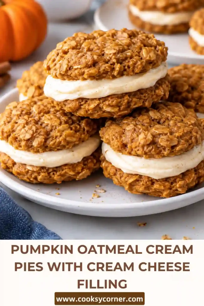 Homemade pumpkin oatmeal cookies sandwiched with smooth spiced cream cheese filling. These soft oatmeal cream pies have a chewy texture and warm autumn color.