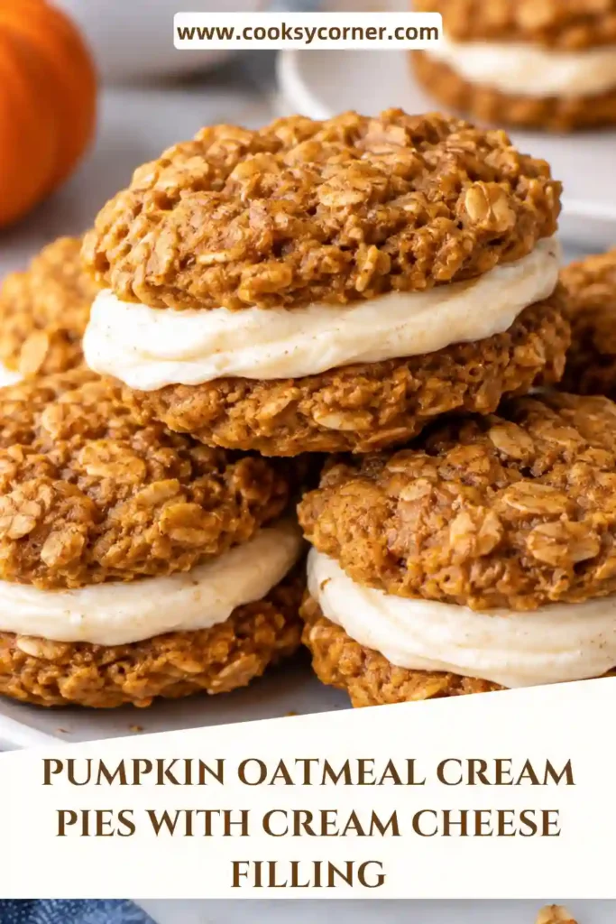 Pumpkin Oatmeal Cream Pies made with soft pumpkin oatmeal cookies and thick cream cheese filling. The sandwich cookies feature warm cinnamon and pumpkin spice flavors for a cozy fall dessert.