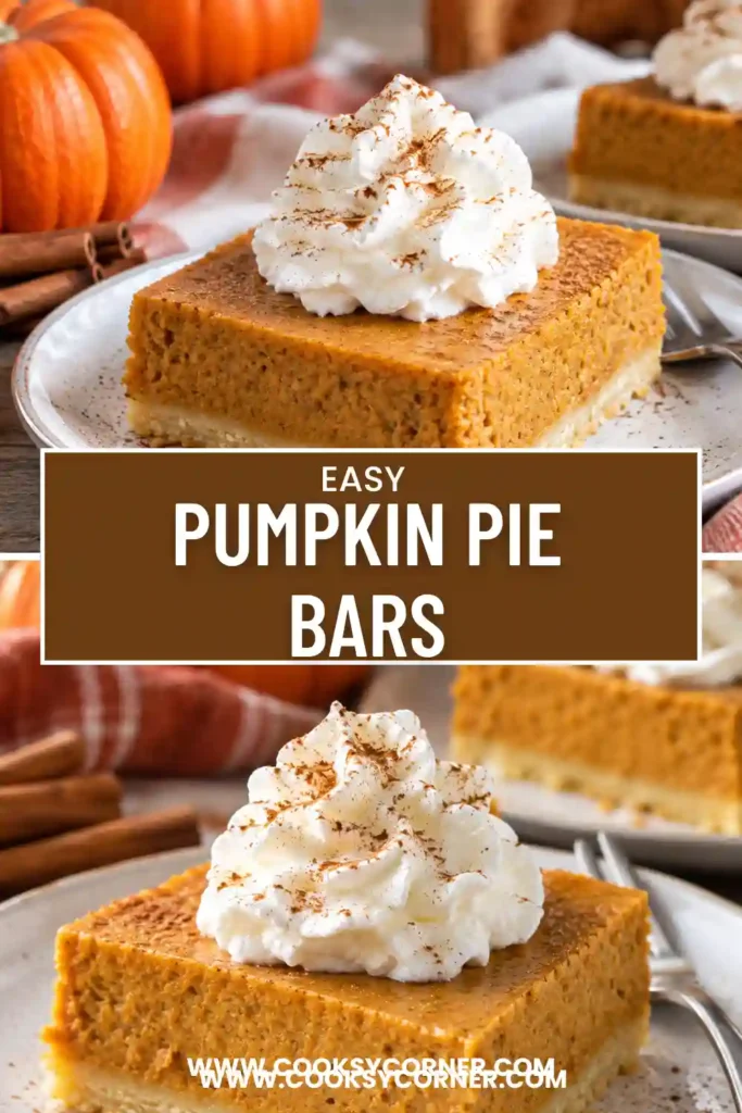 A platter of pumpkin pie bars with shortbread crust served as a Thanksgiving dessert. Each chilled square features creamy pumpkin filling topped with whipped cream and a sprinkle of cinnamon.