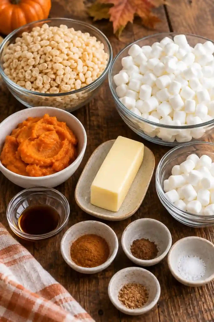 Freshly sliced fall Rice Krispie treats made with pumpkin purée, mini marshmallows, cinnamon, and nutmeg. The golden pumpkin cereal treats have a chewy, crispy texture.