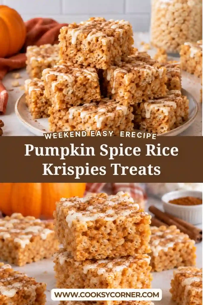 Pumpkin Spice Rice Krispies Treats cut into chewy squares with visible crispy rice cereal and gooey marshmallows. These easy fall treats are flavored with pumpkin purée and warm autumn spices.