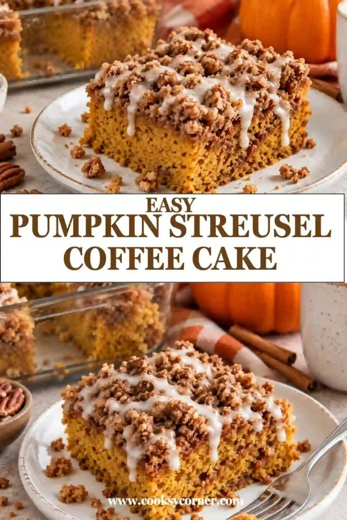 A thick slice of moist pumpkin coffee cake served on a plate with a crunchy streusel topping. The tender pumpkin crumb is filled with cinnamon flavor and chopped pecans.