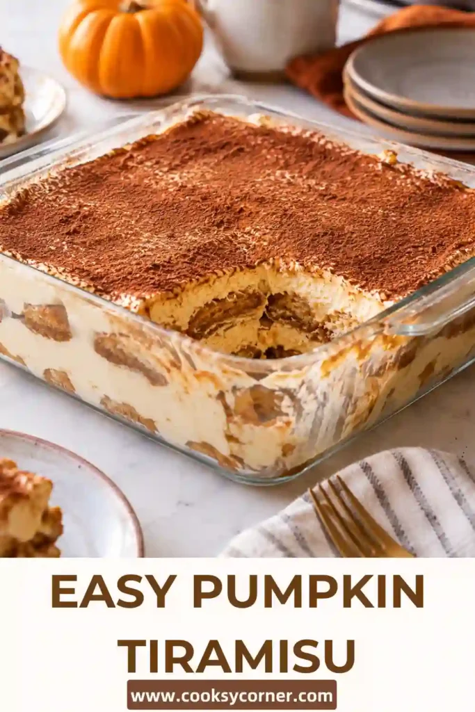 Creamy fall tiramisu made with pumpkin puree, mascarpone, coffee-soaked ladyfingers, and warm spices. A cocoa-dusted top gives the Pumpkin Tiramisu a rich chocolate finish.