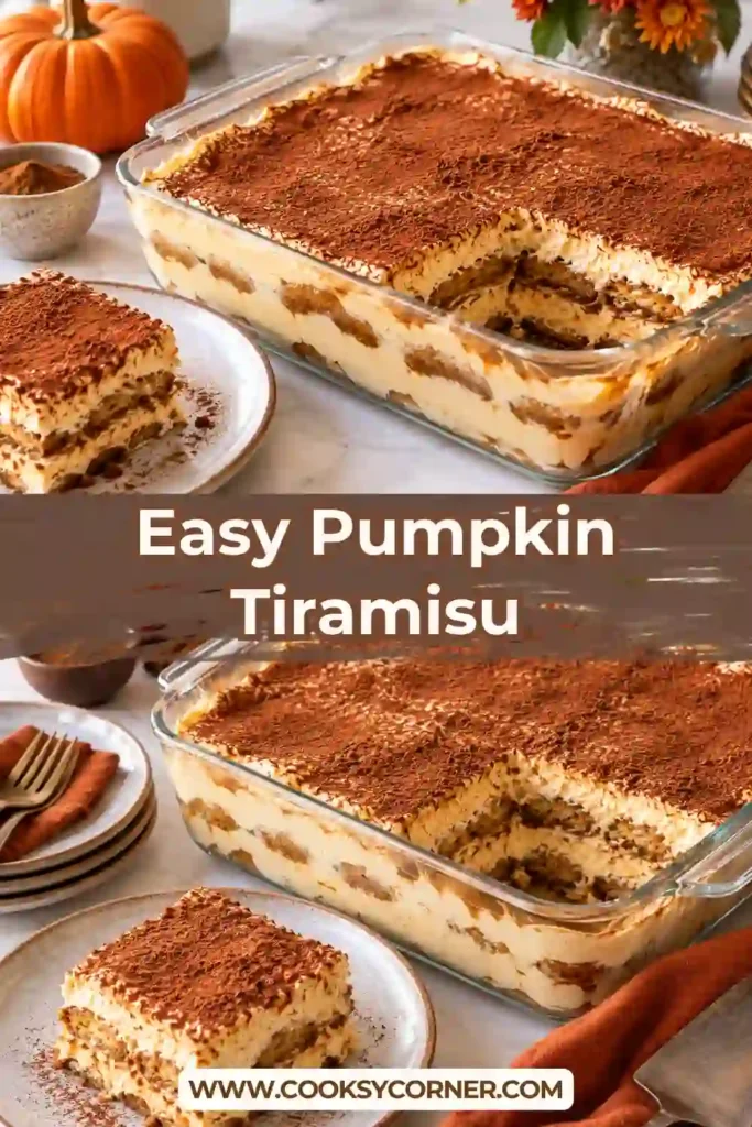 A chilled slice of Pumpkin Tiramisu with layers of espresso-soaked ladyfingers and spiced pumpkin mascarpone cream. The creamy fall dessert is finished with a generous cocoa dusting.