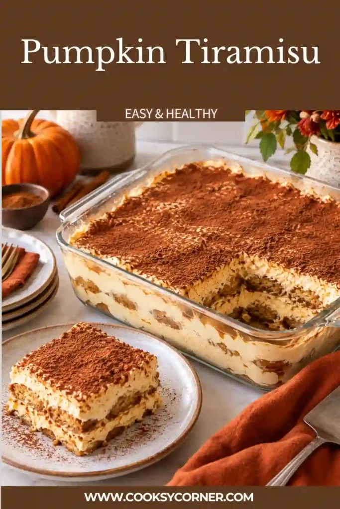 Pumpkin Tiramisu layered with coffee-soaked ladyfingers and creamy pumpkin mascarpone filling. Dutch-process cocoa covers the top of this easy no-bake pumpkin dessert.