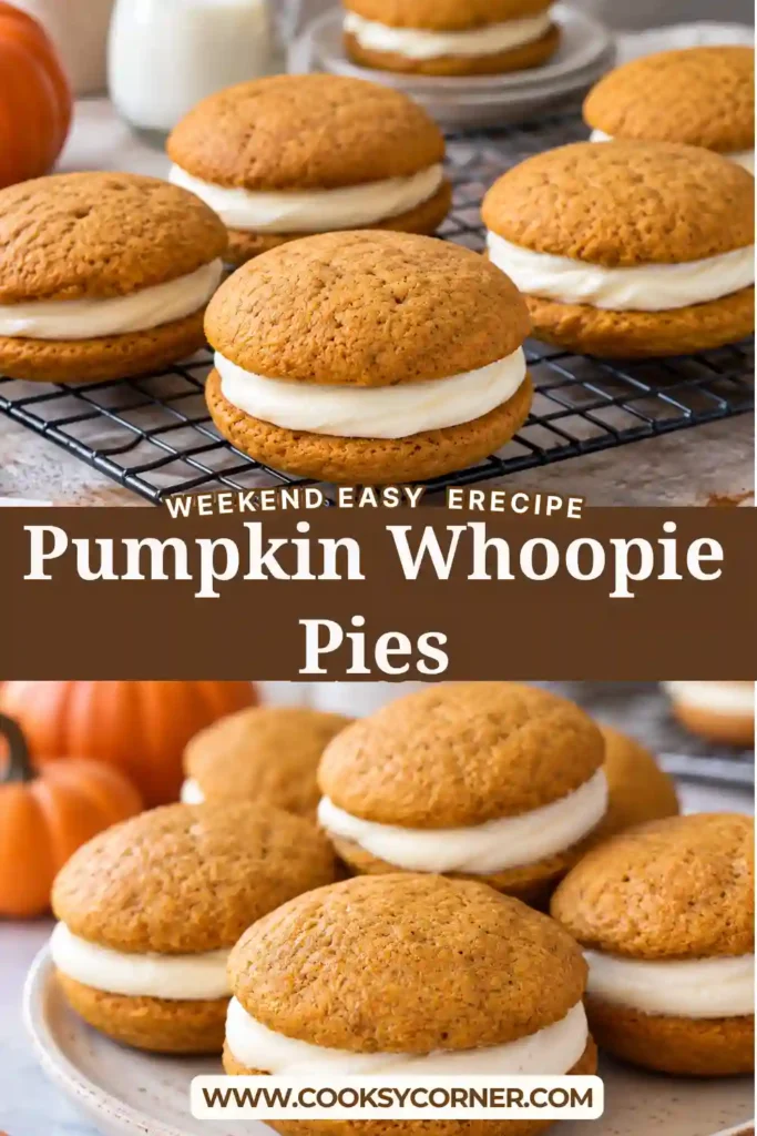 A close-up of a Pumpkin Whoopie Pie reveals a thick layer of creamy cream cheese frosting between two soft pumpkin cookies. The tender orange crumb and smooth white filling highlight the delicious texture of this homemade fall dessert.
