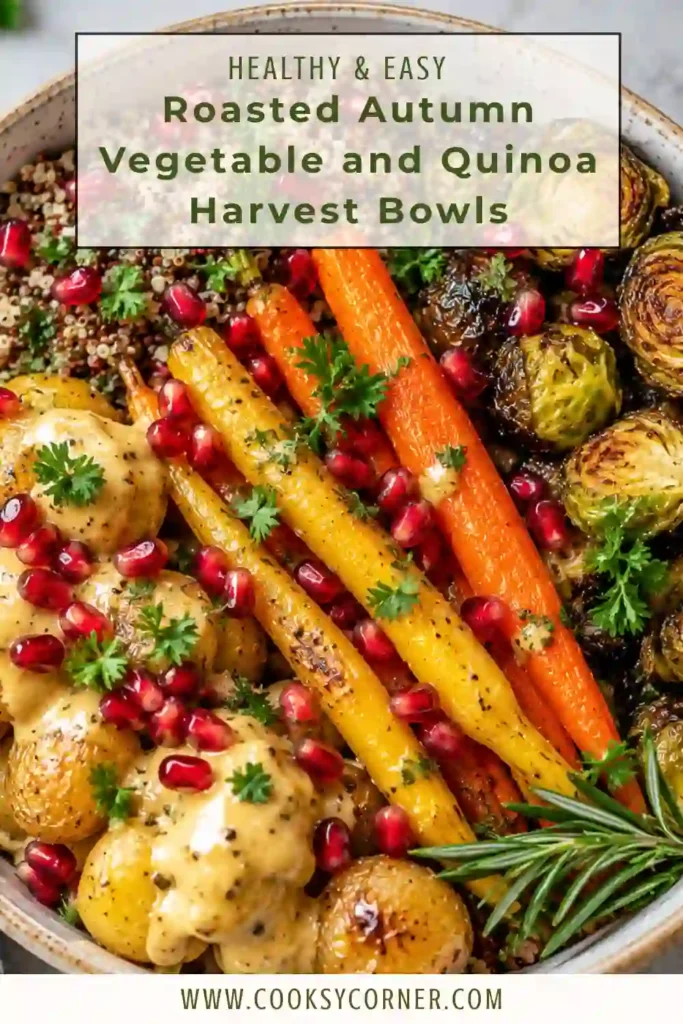 An overhead view of a vegan harvest bowl with roasted carrots, baby potatoes, Brussels sprouts, and quinoa arranged in colorful sections. A drizzle of creamy tahini dressing and a sprinkle of pomegranate seeds complete the seasonal meal.