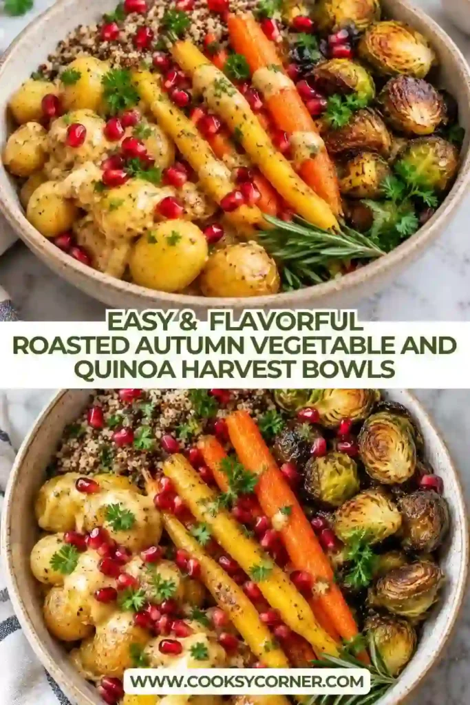 Maple-roasted carrots, baby yellow potatoes, and halved Brussels sprouts with golden caramelized edges on a parchment-lined baking sheet. Fresh rosemary adds a fragrant, savory touch to the colorful autumn vegetables.