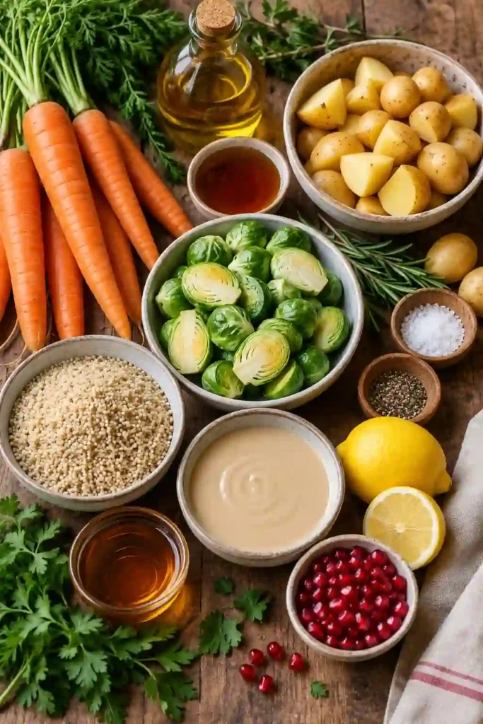 Creamy maple tahini dressing drizzled over roasted carrots, Brussels sprouts, golden potatoes, and fluffy quinoa. Fresh herbs and pomegranate arils add color and texture to the finished autumn harvest bowl.