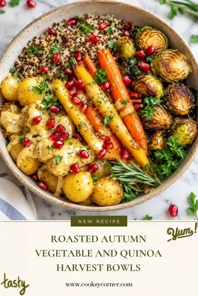 A colorful roasted vegetable quinoa bowl filled with maple-glazed carrots, golden potatoes, crispy Brussels sprouts, and fluffy quinoa. Creamy maple tahini dressing, fresh herbs, and pomegranate arils add a beautiful finishing touch.