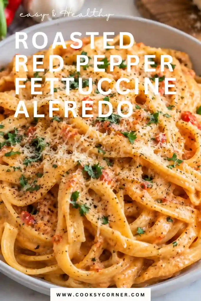 A bowl of roasted red pepper pasta made with fettuccine, roasted garlic, cream, and Parmesan. The smooth red pepper Alfredo sauce coats every strand of pasta.