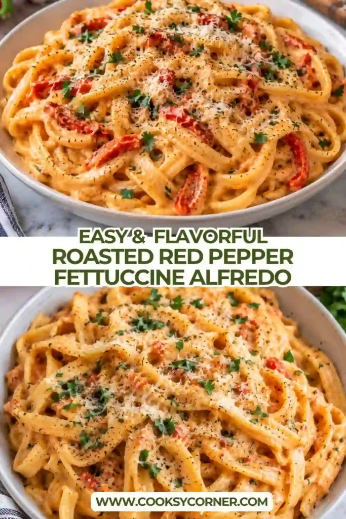 Creamy Roasted Red Pepper Fettuccine Alfredo coated in a silky orange-red Parmesan sauce. Fresh parsley and grated cheese finish this comforting roasted garlic pasta.