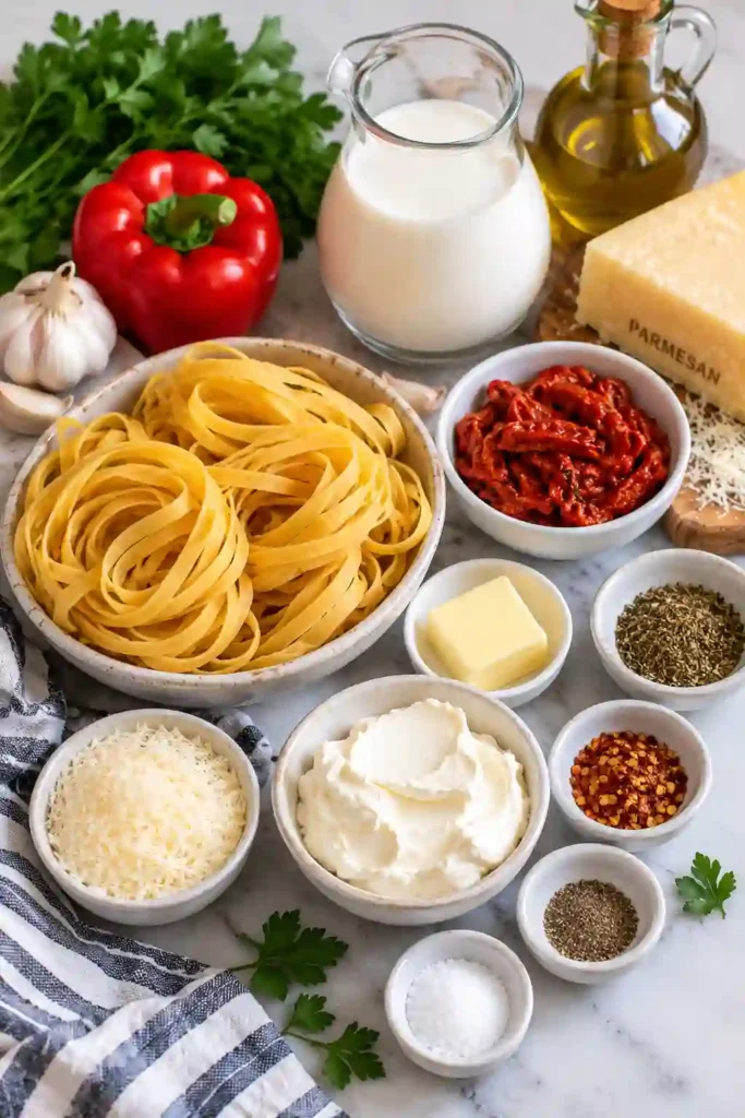 Homemade Roasted Red Pepper Fettuccine Alfredo topped with Parmesan, parsley, and black pepper. The creamy pasta sauce gets its vibrant color from sweet roasted red bell peppers.