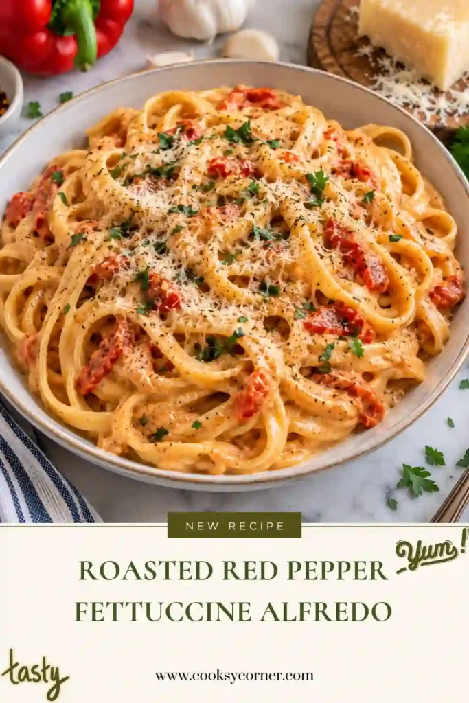 Roasted Red Pepper Fettuccine Alfredo served with freshly grated Parmesan and chopped parsley. The creamy red pepper pasta features a smooth sauce made with roasted peppers and garlic.