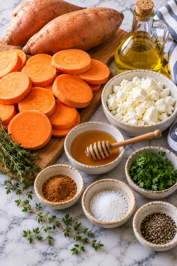 Caramelized sweet potato rounds served with crumbled feta and a drizzle of honey. Fresh herbs and cinnamon add flavor and color to this easy roasted sweet potato side dish.