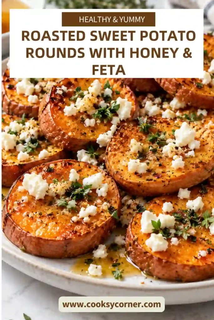 Roasted sweet potato appetizer featuring golden rounds topped with tangy feta cheese, honey, and fresh thyme. The colorful side dish combines sweet, salty, and savory flavors.
