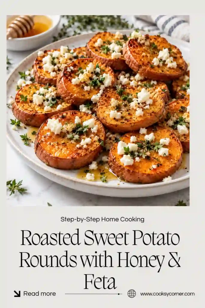 Honey roasted sweet potato rounds topped with creamy crumbled feta and fresh herbs. Cinnamon-seasoned sweet potatoes are roasted until tender with lightly crisp golden edges.