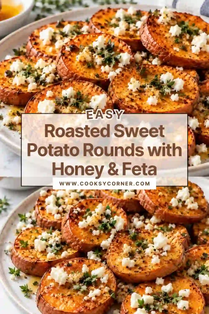 Roasted Sweet Potato Rounds with Honey & Feta arranged on a serving platter with crumbled feta and fresh thyme. The golden sweet potato slices have caramelized edges and a glossy honey drizzle.