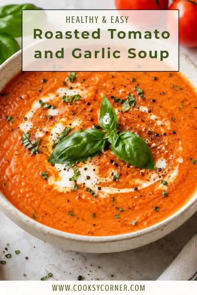 Homemade Roasted Tomato and Garlic Soup made with caramelized tomatoes, roasted garlic, onion, broth, and herbs. The blended soup is smooth and creamy with optional half-and-half.
