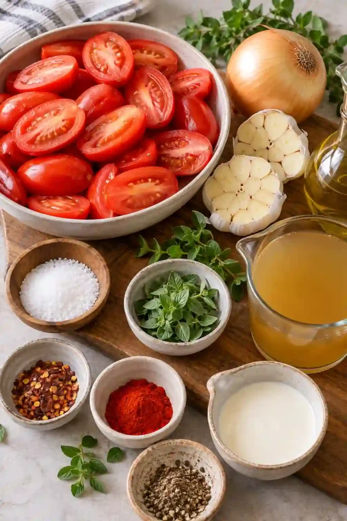 A cozy bowl of Roasted Tomato and Garlic Soup with a silky red-orange texture and fresh herb garnish. Oven roasted Roma tomatoes and mellow garlic give this homemade soup a deep, caramelized flavor.