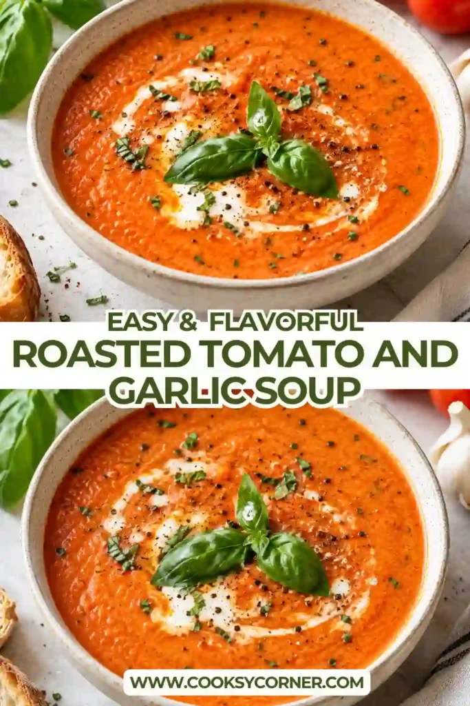 Creamy roasted tomato soup served in a bowl with a smooth texture and fresh herb garnish. Roasted tomatoes and garlic give this homemade tomato soup a deep, savory flavor.