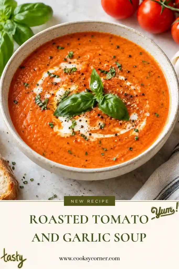 A warm bowl of Roasted Tomato and Garlic Soup made with oven roasted Roma tomatoes, garlic, onion, oregano, and smoked paprika. The soup has a smooth, creamy texture with a rich red-orange color.