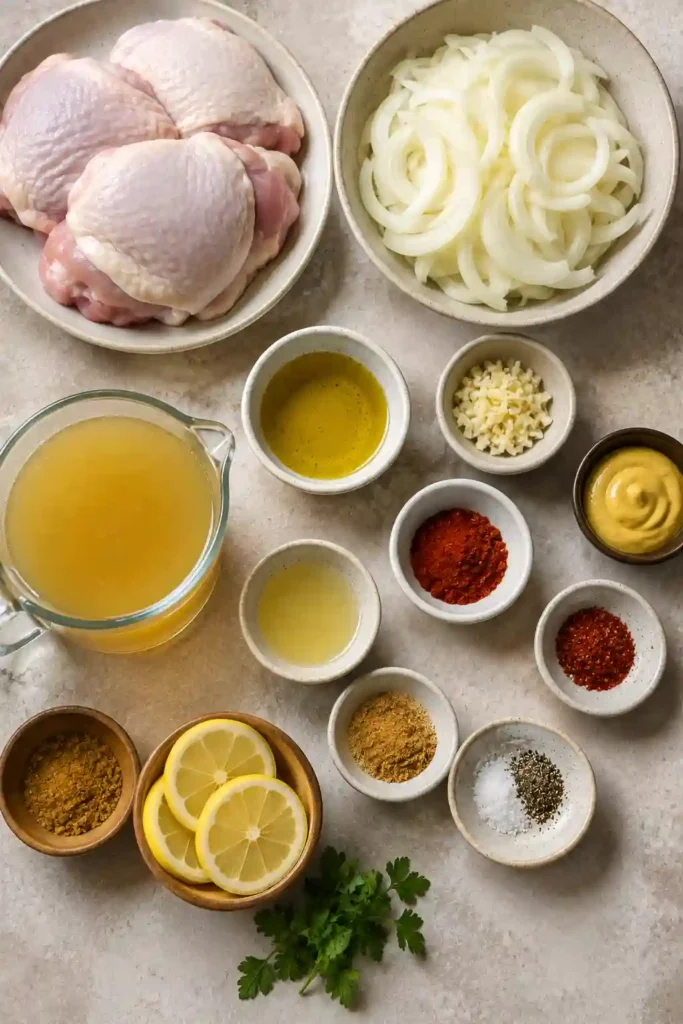Homemade Poulet Yassa with juicy chicken thighs and deeply caramelized onions in a tangy lemon mustard sauce. The golden West African chicken dish is served with rice for a hearty meal.